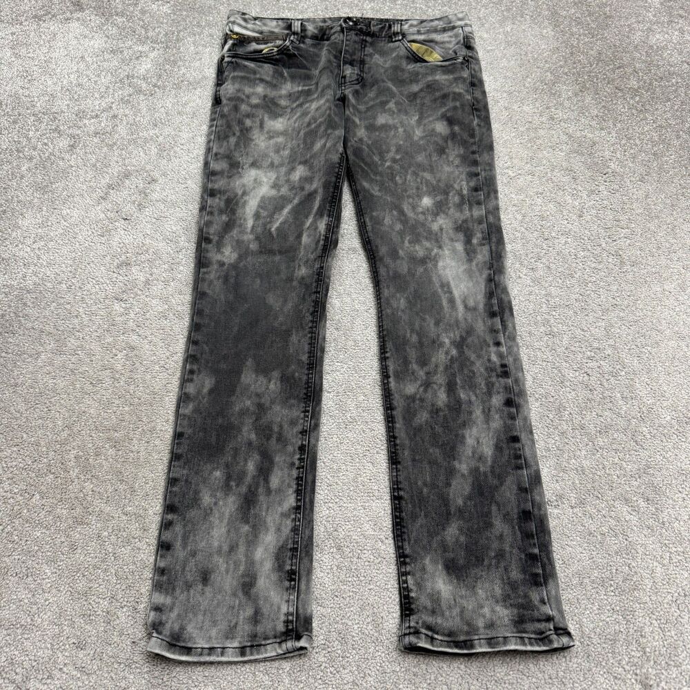 Coax National F1 Acid Wash Slim Straight Denim Jeans Mens 34 Gray Black Athletic